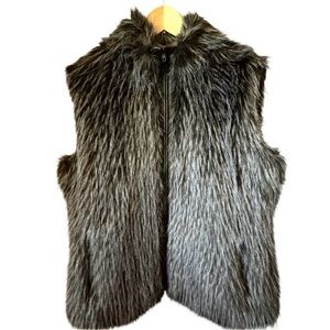 Pamela McCoy Collections Grey & Tan Faux Fur Vest W/ Genuine Leather Trim Sz M